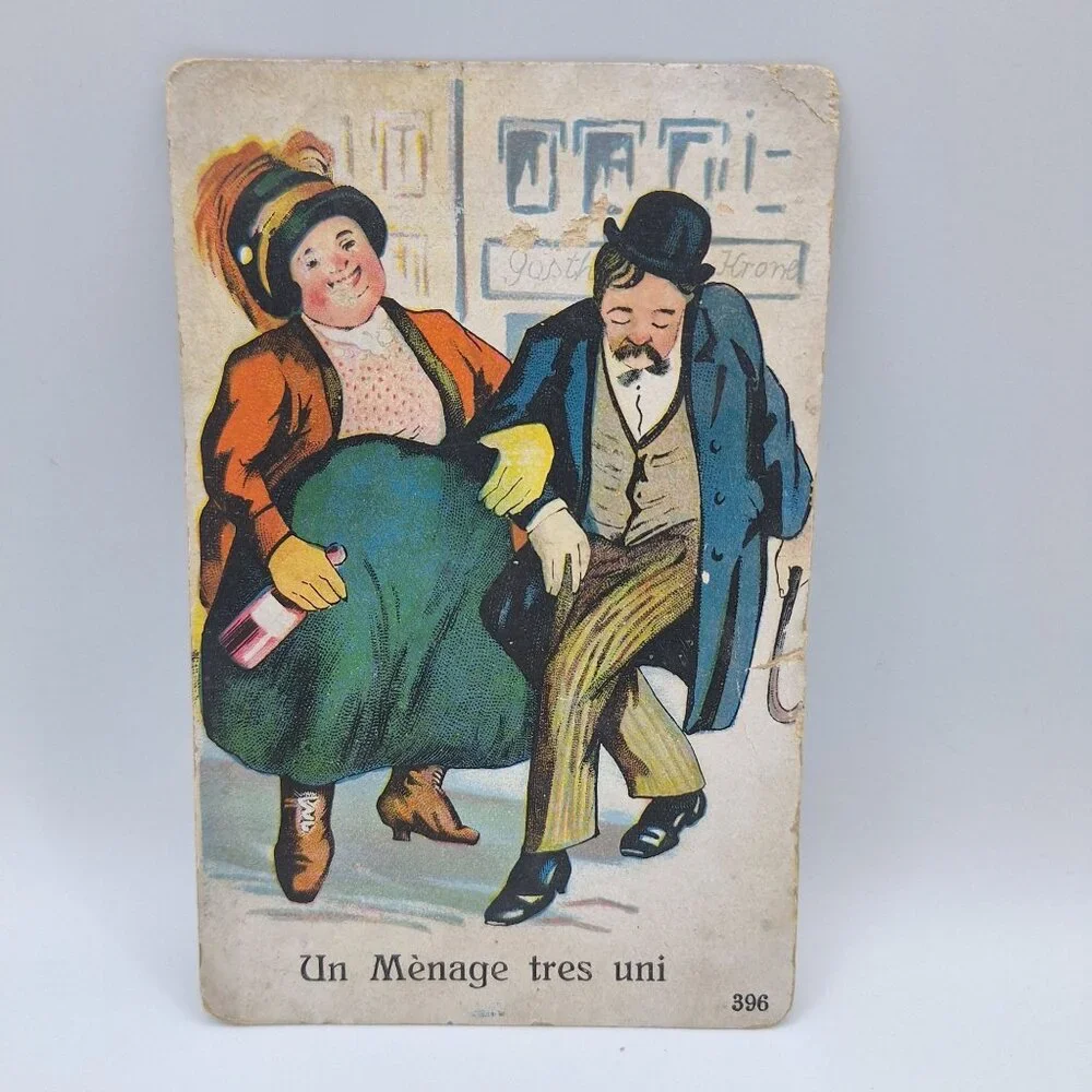 Antique French Postcard Un Menage Tres Uni Artwork Humor Multilingual Handmade‎
